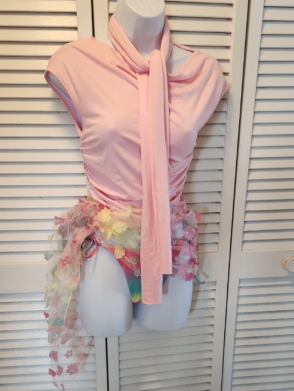 4 Piece  Pink Women Swim Top with Floral Sarong